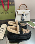 GG LOAFER IN CAMEL BROWN JACQUARD AND BLACK CALFSKIN WITH BEIGE WOOL LINING