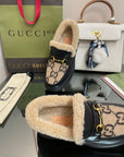 GG LOAFER IN CAMEL BROWN JACQUARD AND BLACK CALFSKIN WITH BEIGE WOOL LINING
