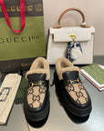 GG LOAFER IN CAMEL BROWN JACQUARD AND BLACK CALFSKIN WITH BEIGE WOOL LINING