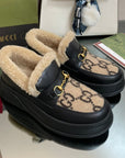 GG LOAFER IN CAMEL BROWN JACQUARD AND BLACK CALFSKIN WITH BEIGE WOOL LINING