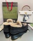 GG LOAFER IN CAMEL BROWN JACQUARD AND BLACK CALFSKIN WITH BEIGE WOOL LINING