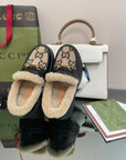 GG LOAFER IN CAMEL BROWN JACQUARD AND BLACK CALFSKIN WITH BEIGE WOOL LINING