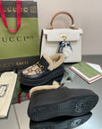 GG LOAFER IN CAMEL BROWN JACQUARD AND BLACK CALFSKIN WITH BEIGE WOOL LINING