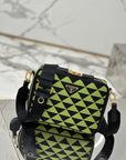 MESSENGER BAG 22 IN OCADO GREEN AND BLACK EMBROIDERED FABRIC GOLD HARDWARE