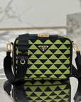 MESSENGER BAG 22 IN OCADO GREEN AND BLACK EMBROIDERED FABRIC GOLD HARDWARE