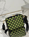 MESSENGER BAG 22 IN OCADO GREEN AND BLACK EMBROIDERED FABRIC GOLD HARDWARE