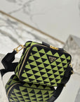 MESSENGER BAG 22 IN OCADO GREEN AND BLACK EMBROIDERED FABRIC GOLD HARDWARE