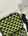 MESSENGER BAG 22 IN OCADO GREEN AND BLACK EMBROIDERED FABRIC GOLD HARDWARE