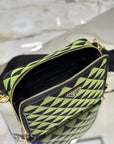 MESSENGER BAG 22 IN OCADO GREEN AND BLACK EMBROIDERED FABRIC GOLD HARDWARE