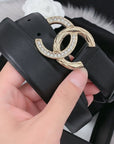 CC WOMEN'S BELT 30MM LEATHER BLACK BUCKLE GOLD DIAMOND CARO
