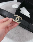 CC WOMEN'S BELT 30MM LEATHER BLACK BUCKLE GOLD DIAMOND CARO