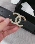 CC WOMEN'S BELT 30MM LEATHER BLACK BUCKLE GOLD DIAMOND CARO