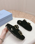 Double Buckle Strap Slides 20 Black Suede