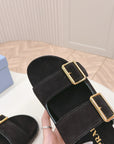 Double Buckle Strap Slides 20 Black Suede