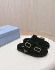 Double Buckle Strap Slides 20 Black Suede