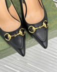 GG Horsebit Slingback 85MM Black Leather Point Toe