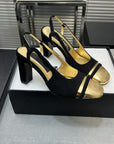 slingback black suede gold metalic lambskin square toe 9.5
