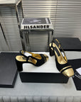 slingback black suede gold metalic lambskin square toe 9.5