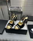 slingback black suede gold metalic lambskin square toe 9.5