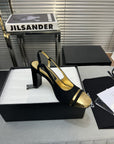 slingback black suede gold metalic lambskin square toe 9.5