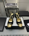 slingback black suede gold metalic lambskin square toe 9.5