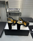 slingback black suede gold metalic lambskin square toe 9.5