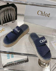 CHLOÉ MILA PLATFORM 5 CM IN NAVY BLUE FABRIC AND BEIGE RAFFIA