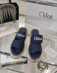 CHLOÉ MILA PLATFORM 5 CM IN NAVY BLUE FABRIC AND BEIGE RAFFIA