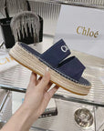 CHLOÉ MILA PLATFORM 5 CM IN NAVY BLUE FABRIC AND BEIGE RAFFIA