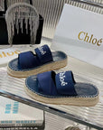 CHLOÉ MILA PLATFORM 5 CM IN NAVY BLUE FABRIC AND BEIGE RAFFIA