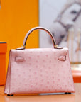 HM Mini Kelly 19cm Pink Ostrich Gold Hardware