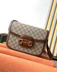 GG 1955 Horsebit Bag 25cm Brown Leather Beige Canvas Gold Hardware