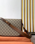 GG 1955 Horsebit Bag 25cm Brown Leather Beige Canvas Gold Hardware