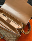 GG 1955 Horsebit Bag 25cm Brown Leather Beige Canvas Gold Hardware