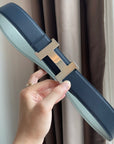 H CONSTANCE BELT 38MM SILVER BUCKLE PRUSSIAN BLUE SKY BLUE LEATHER