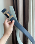 H CONSTANCE BELT 38MM SILVER BUCKLE PRUSSIAN BLUE SKY BLUE LEATHER