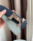 H CONSTANCE BELT 38MM SILVER BUCKLE PRUSSIAN BLUE SKY BLUE LEATHER