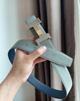 H CONSTANCE BELT 38MM SILVER BUCKLE PRUSSIAN BLUE SKY BLUE LEATHER