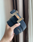 H CONSTANCE BELT 38MM SILVER BUCKLE PRUSSIAN BLUE SKY BLUE LEATHER