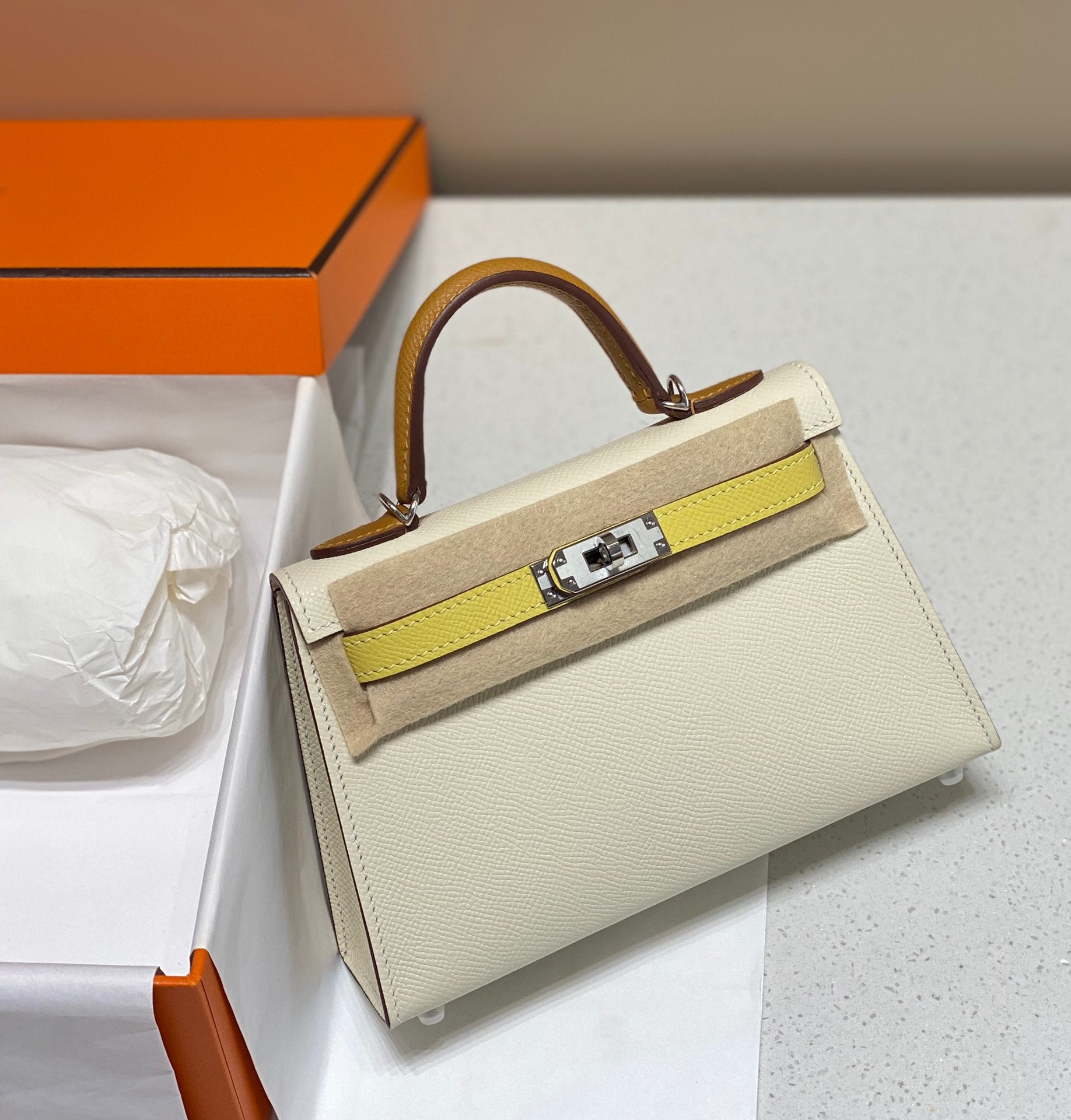 HM Mini Kelly 19cm Cream Yellow Epsom Silver Hardware