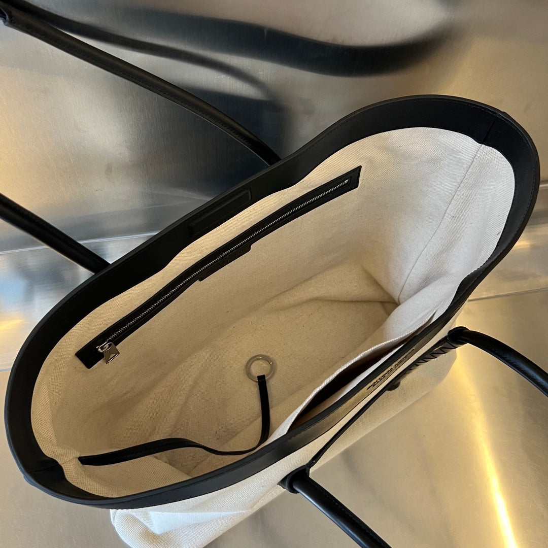 PORTELLO TOTE 53 IN BLACK CALFSKIN AND WHITE CANVAS