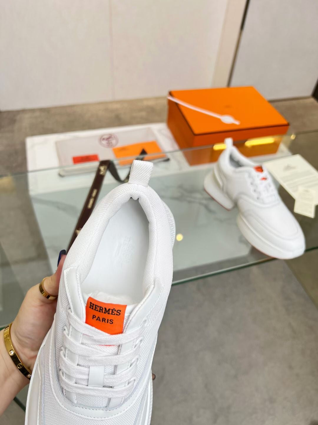 HM Giga 50 Sneaker White Canvas &amp; Goatskin Orange