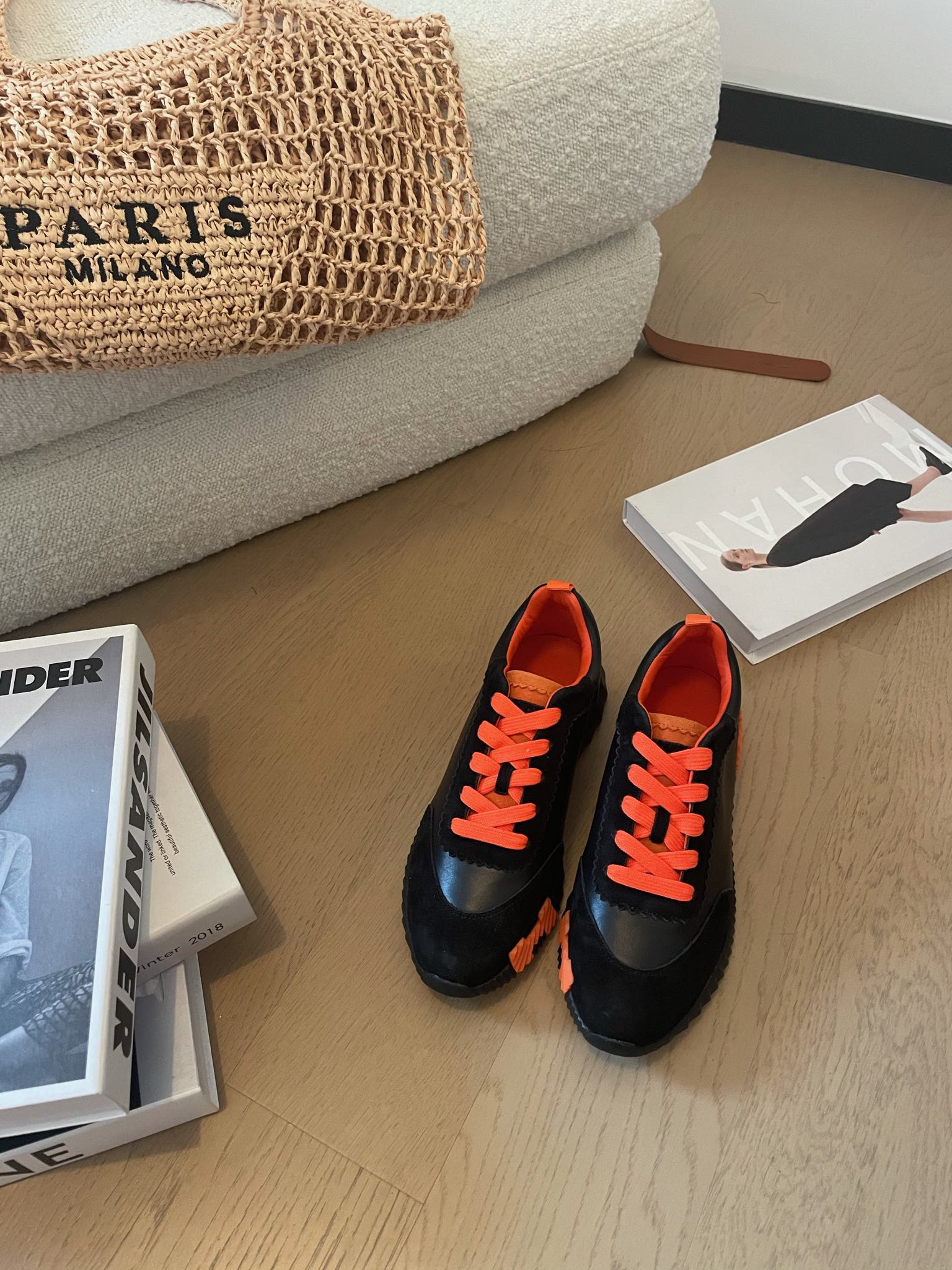 HM Bouncing 35 Sneakers Black Goatskin &amp; Suede Goatskin Orange H Orange