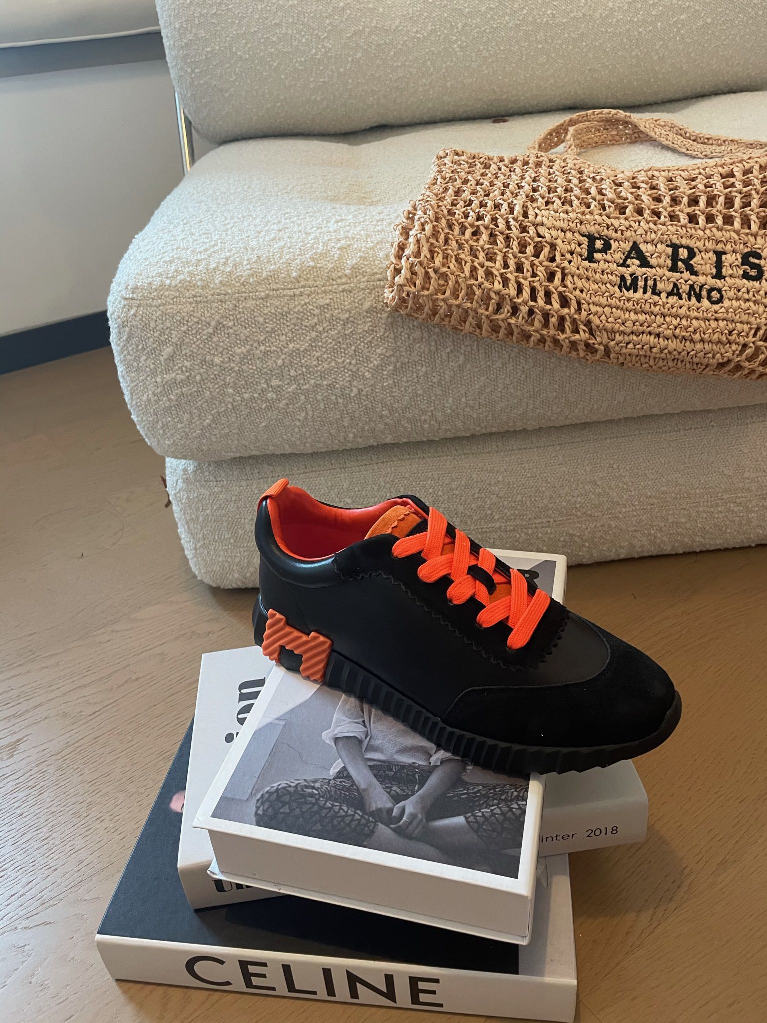 HM Bouncing 35 Sneakers Black Goatskin &amp; Suede Goatskin Orange H Orange