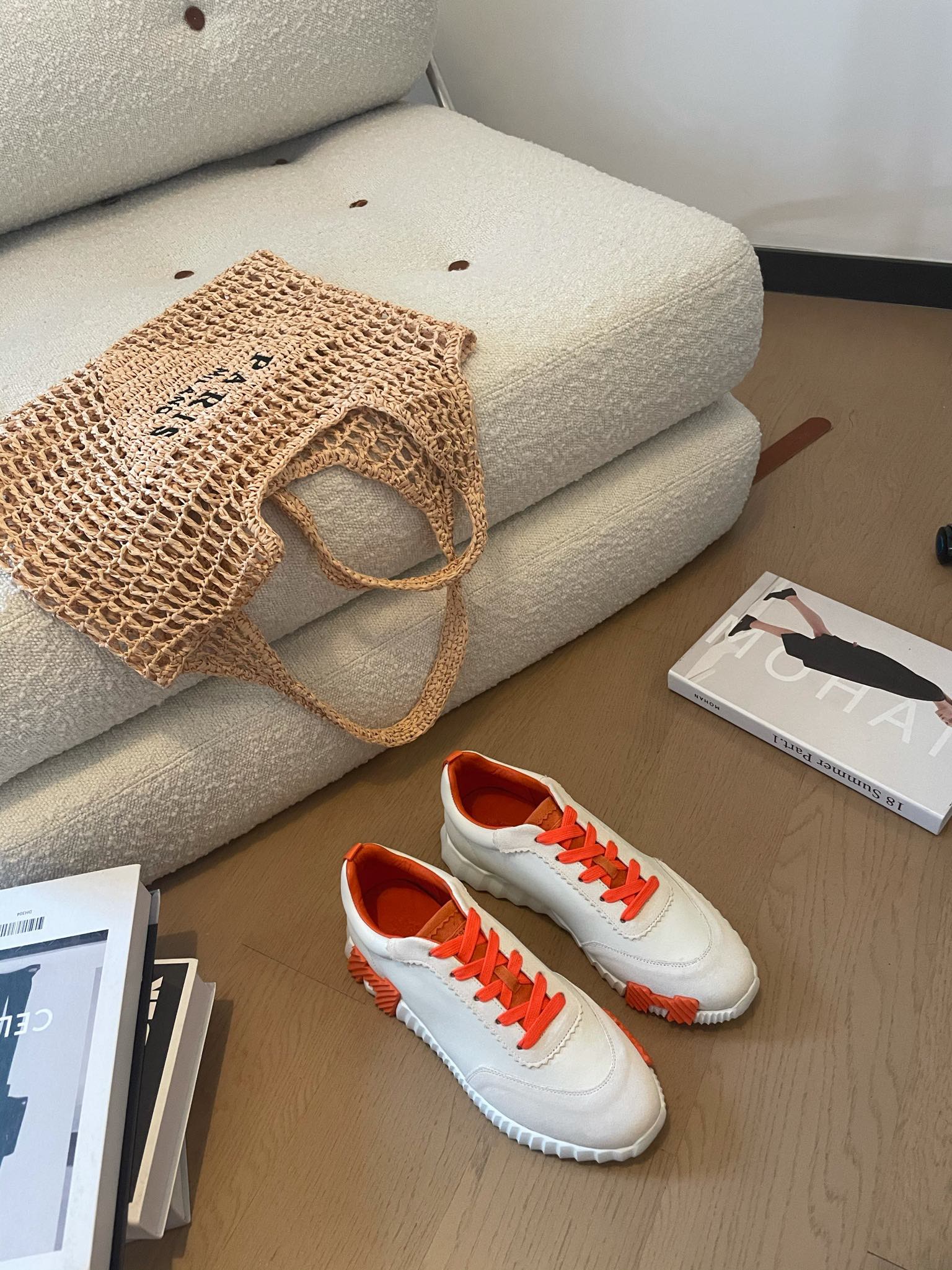HM Bouncing 35 Sneakers White Goatskin &amp; Suede Goatskin H Orange