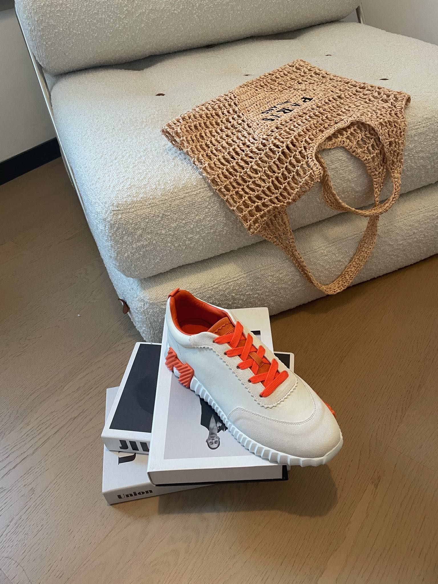 HM Bouncing 35 Sneakers White Goatskin &amp; Suede Goatskin H Orange