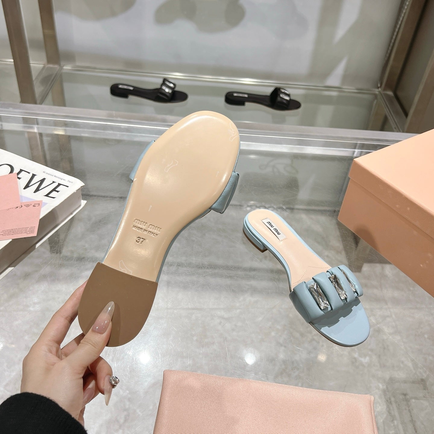 Miu 25C Slippers Light Blue Leather 235284