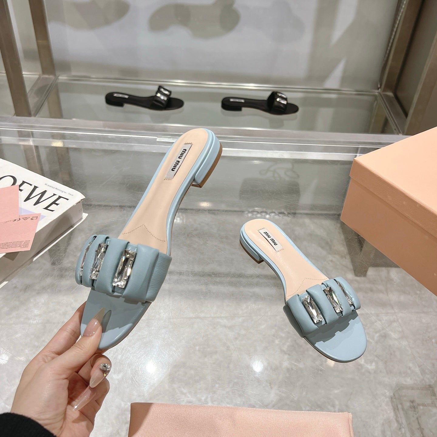 Miu 25C Slippers Light Blue Leather 235284