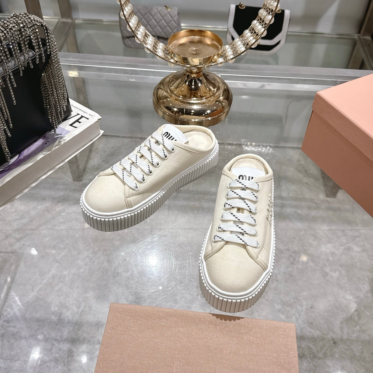 Miu 25C Sneaker Mules Ivory Demin Fabric 235317